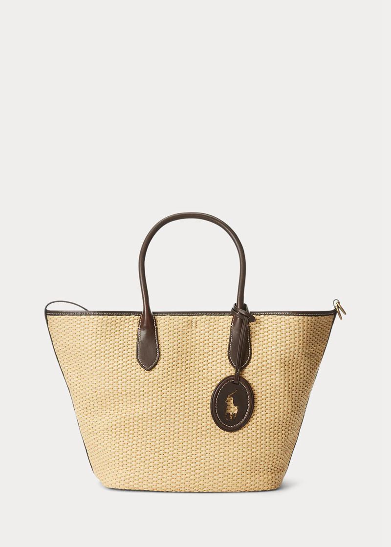 ポロ ラルフ ローレン バッグ レディース カーキ レザー-trim Straw Medium Bellport トート ZPCUN8472